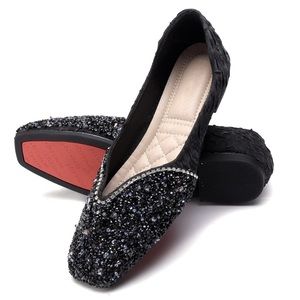 Women's Rhinestone  Square Ballet Flats Low Heel Women Wedding 7.5 Black
